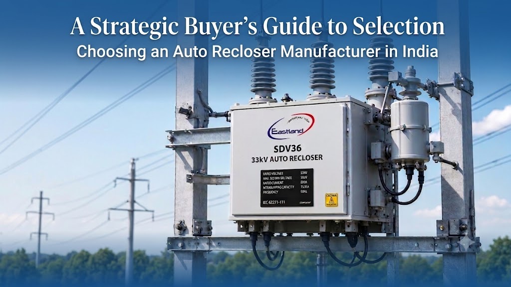How to Choose an Auto Recloser Manufacturer in India: 8-Point Evaluation Checklist (2026) A strategic buyer guide graphic featuring the ESPL SDV36 outdoor vacuum auto recloser for evaluating auto recloser manufacturers in India.