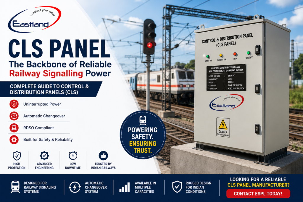 CLS Panel: Complete Guide to Control & Distribution Panels for Railway Signalling Systems Eastland Switchgears RDSO-compliant CLS Panel for railway signalling power distribution, featuring automatic changeover system with a train in the background